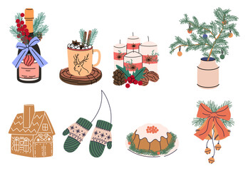 Collection of Christmas decorations, holiday gifts, winter knitted woolen clothes, mulled wine and ginger bread isolated