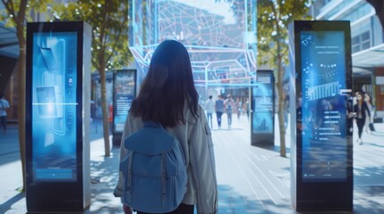 A tech enthusiast explores a smart city plaza, interacting with digital kiosks and information displays, while holographic maps hover above, guiding her through the area. - obrazy, fototapety, plakaty