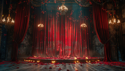 An empty red curtain stage, surrounded by candles and rose petals on the ground, is set against dark walls with chandeliers hanging from them. Created with Ai