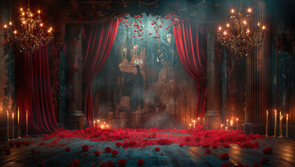 A dark, gothic style stage with red curtains hanging from the ceiling and surrounded by candles. Created with Ai