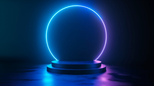 Background podium 3D light neon blue platform stage product abstract. Scene background 3D podium dark pedestal room glow studio empty stand floor night modern circle show space display game led black