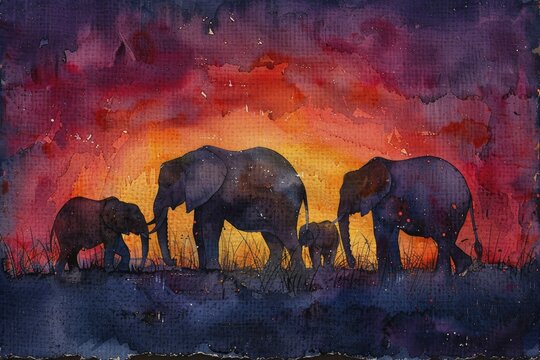 An elephant herd's unity shines under the African sky, capturing the essence of familial ties through a watercolor masterpiece.