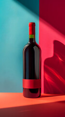 A red wine bottle rests on the table, its cork secured by a stopper