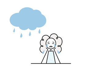 crying girl character and raining cloud, bad mood, sadness, longing concept, doodle black line simple vector illustration, sketch