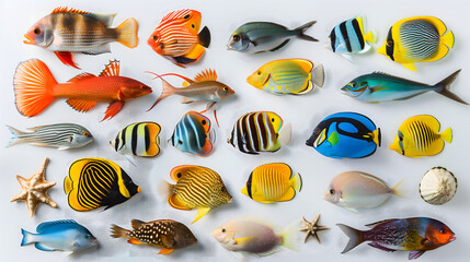 Naklejka premium Knolling of Fishes and Sealife with white background.