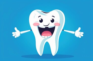 funny cute cartoon character of white tooth on blue background. pediatric dentistry, stomatology.