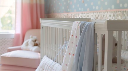 Baby's nursery decor with bedding adorned in soft pastel-colored polka dots, creating a soothing retreat for peaceful nap times and bedtime snuggles