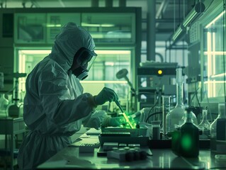 A lab technician in a hazmat suit works diligently in a high-containment laboratory handling a glowing radioactive material with specialized tools 