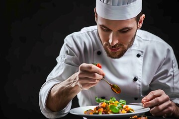A man in a chefs uniform skillfully preparing a gourmet dish