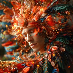 Ethereal Portrait of a Fiery Phoenix-Human Hybrid with Intricate Patterns and Glowing Aura