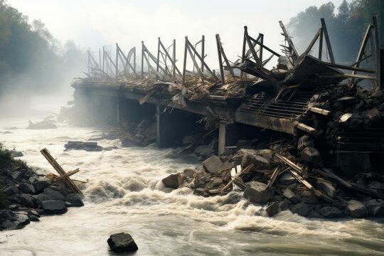 Quaint River wood bridge. Water sky. Generate Ai