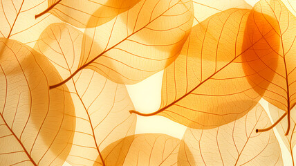 Autumn leaves background. Background of yellow leaves in x-rays. Texture of leaves with veins close-up. Top view,  flat lay.