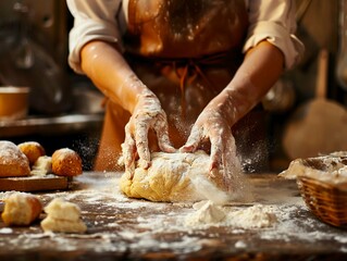 A baker in a brown apron kneading dough with flour on her hands - obrazy, fototapety, plakaty