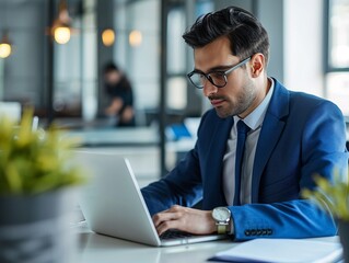 A businessman in a blue suit and tie working on a laptop with a focused expression
