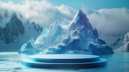 Podium ice water background product snow 3D mountain platform sea. Ice podium water cool cold glacier winter landscape frozen nature iceberg arctic scene blue light display abstract sky ad refreshing - obrazy, fototapety, plakaty