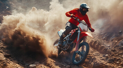 Thrilling Show of Skill and Speed: Motocross Rider Dominates in Rugged Terrain - obrazy, fototapety, plakaty
