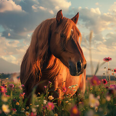 A horse standing gracefully amidst a vibrant flower field, bathed in the warm glow of the setting sun. The colorful blossoms sway gently in the breeze as the horse enjoys the tranquil beauty.
