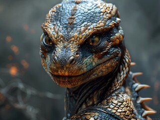 Captivating Portrait of a Hybrid Creature Blending Human and Dragon Traits with Shimmering Scales,Piercing Eyes,and Sharp Claws against a Dark Smoky