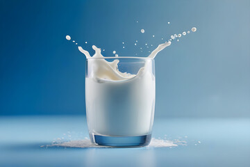 small glass of milk with splashes on a blue background