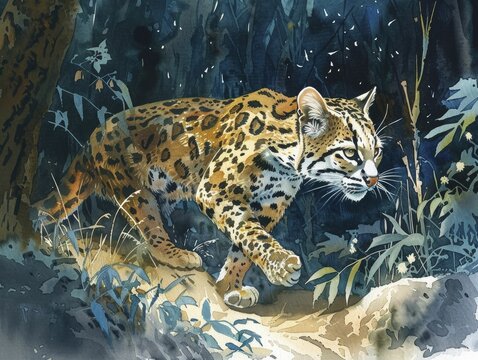 Witness the ethereal allure of ocelots moving gracefully in the twilight, captured in a mesmerizing watercolor painting style.