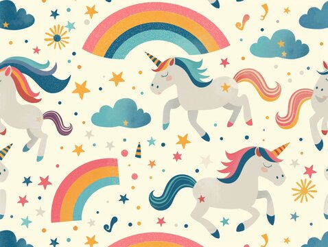 A colorful unicorn pattern with a rainbow and stars. The unicorn is running and the stars are scattered throughout the image