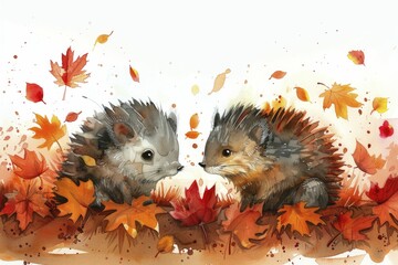The intricate blend of colors in the watercolor painting captures porcupines amidst autumn leaves, illustrating their adaptation and defense strategies.
