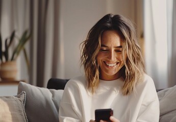 a woman smiling while holding a phone