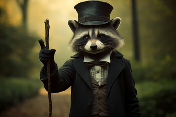 A mischievous raccoon wearing a bowler hat, holding a cane. - obrazy, fototapety, plakaty