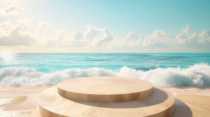 Obraz premium Beach podium summer background sand product 3D sea display platform. Beach podium summer banner stand scene sale sky holiday vacation stage water island sun travel pedestal promotion presentation
