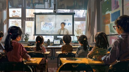 The school boy raises his hand virtually, eager to contribute to the online lesson, demonstrating his active involvement in distance education