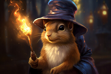 A mischievous squirrel wearing a wizard hat, holding a tiny wand.