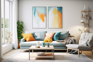 A modern Scandinavian living room with a bright color palette, clean lines, and carefully curated decor, captured in high definition.