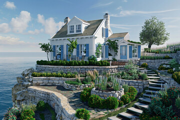 A 3D image of a Cape Cod craftsman house on a cliff overlooking the Mediterranean Sea, with white-washed walls, blue shutters, and terraced gardens. - obrazy, fototapety, plakaty