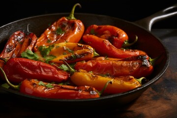 Juicy Roasted peppers in pan. Healthy tasty grilled vegetables in frying pan. Generate ai