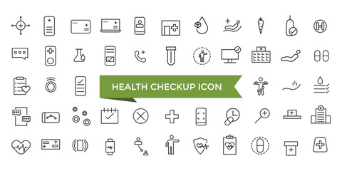 Health checkup icon collection. Hospital and medical care. Medical care service symbol set. - obrazy, fototapety, plakaty