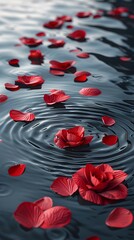 Floating Flower Petals in Serene Pond with Tranquil Ripples and Copy Space for