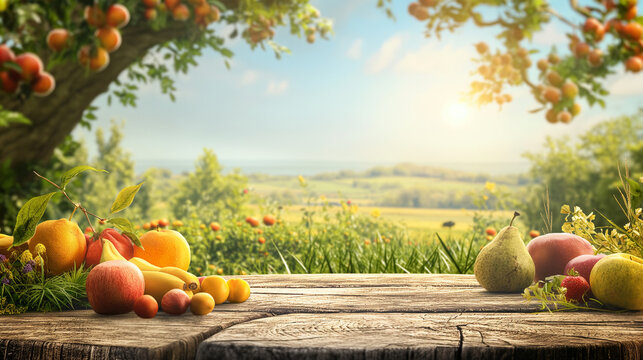 Farm wood nature field fruit table product grass garden background stand green food. Nature wood landscape morning farm outdoor sky podium forest stump beauty sun scene platform view beautiful trunk