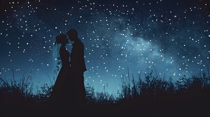Fototapeta na wymiar Tender Embrace Under the Starry Night Sky Bride and Groom Sharing a Quiet Moment Away from the