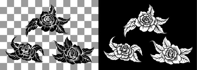 A set of roses or rose engraved woodcut etching tattoo designs