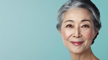 Confident Asian senior woman smiling on background banner. Active and healthy aging with a beautiful Asian woman.