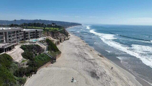 Aerial view of Del Mar Shores, California coastal cliffs and House with blue Pacific ocean. San Diego County, California, USA