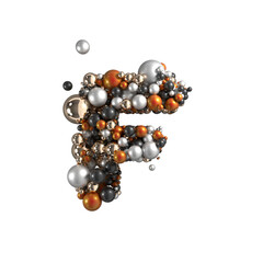 Metal balls alphabet letter F on transparent background. 3d render.