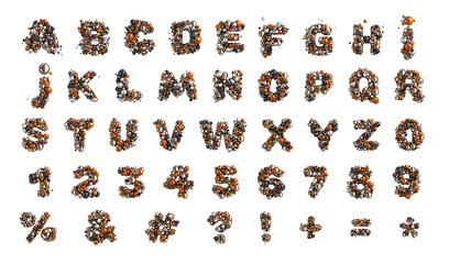 Metal balls alphabet english alphabet complete with symbols on transparent background. 3d render.