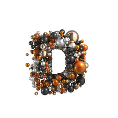 Metal balls alphabet letter D on transparent background. 3d render.