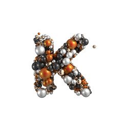 Metal balls alphabet letter K on transparent background. 3d render.