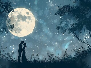 Romantic Moonlit Embrace of Newlyweds in Idyllic Countryside Landscape