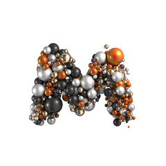 Metal balls alphabet letter M on transparent background. 3d render.