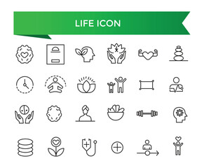 Life icon collection. Related to lifespan, soul, vitality, life insurance, wellness, existence, pulse, harmony and more. Line vector icons set.