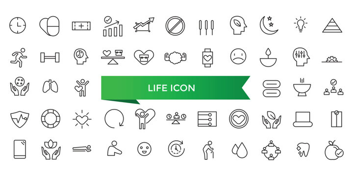 Life icon collection. Related to lifespan, soul, vitality, life insurance, wellness, existence, pulse, harmony and more. Line vector icons set.