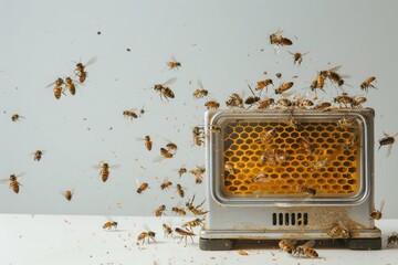 An electric bug zapper, with insects zapped and falling, set against a white backdrop.